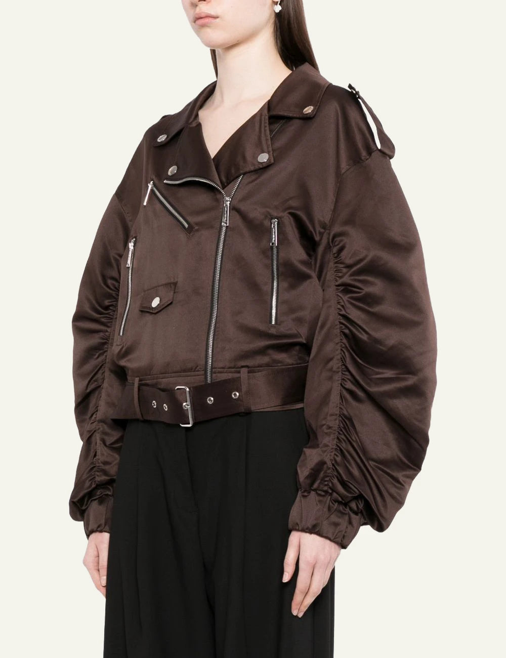 Karl Lagerfeld satin biker jacket coffee brown belted hem side view