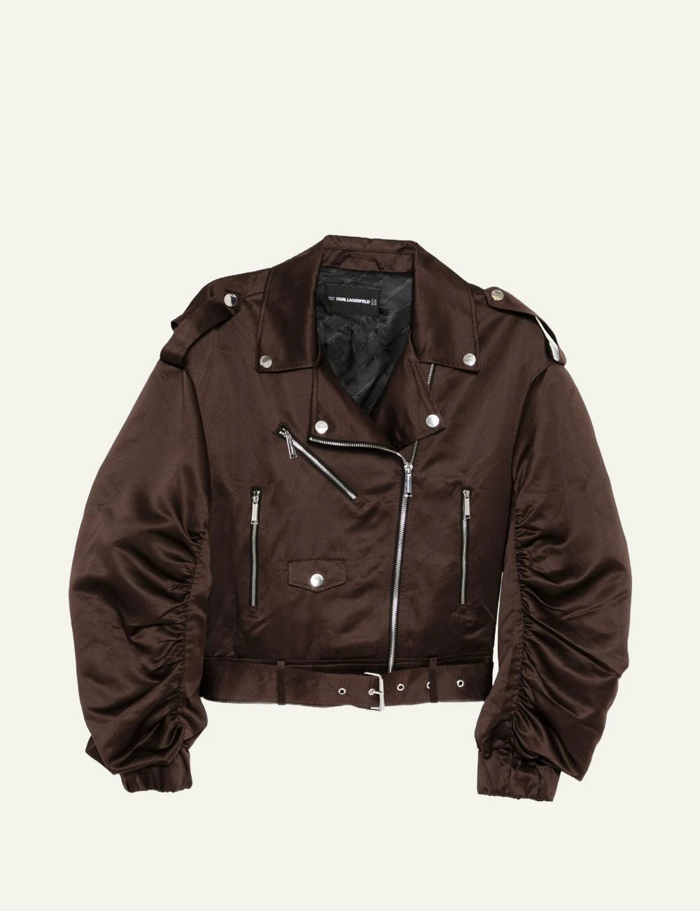Karl Lagerfeld satin biker jacket coffee brown belted hem front flat view