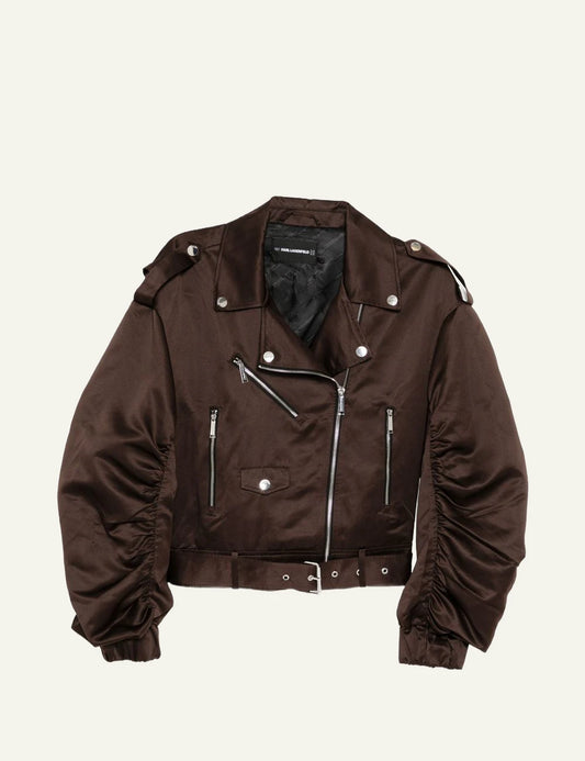Karl Lagerfeld satin biker jacket coffee brown belted hem front flat view