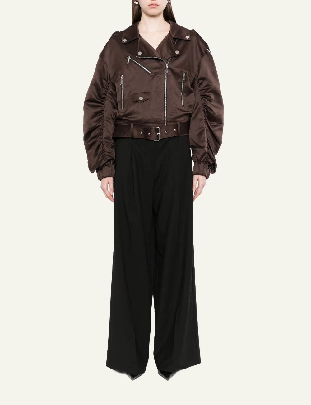 Karl Lagerfeld satin biker jacket coffee brown belted hem front full body view