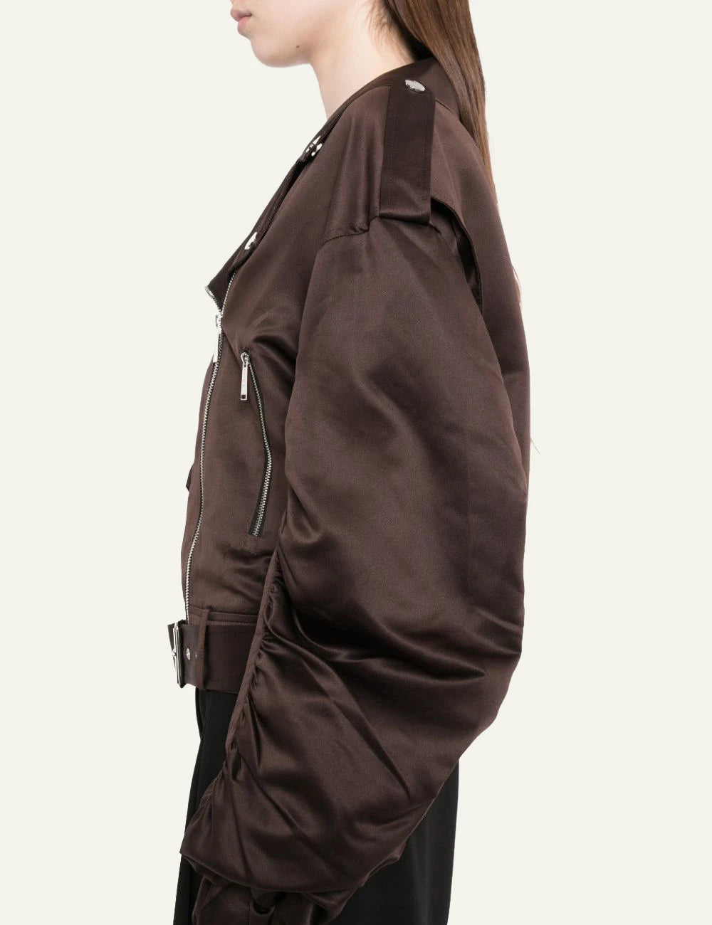 Karl Lagerfeld satin biker jacket coffee brown belted hem side model view