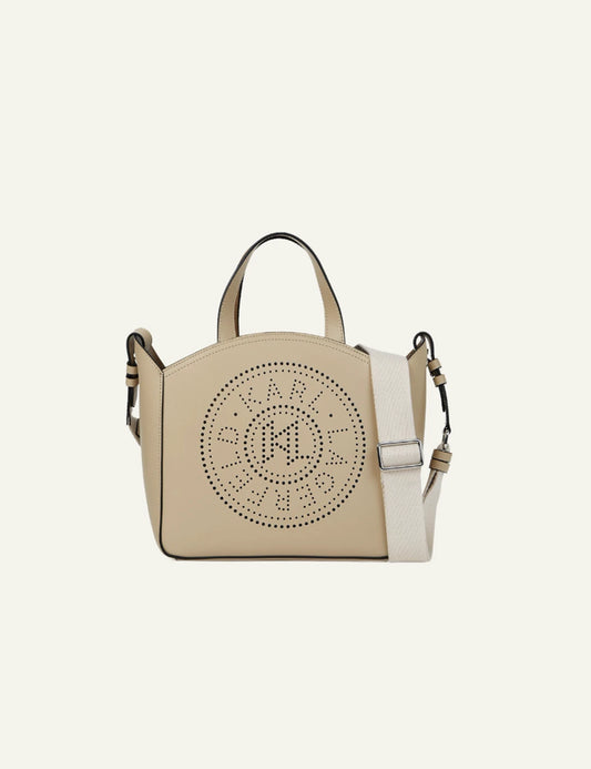 Karl Lagerfeld K Circle tote perforated bag safari beige leather front view