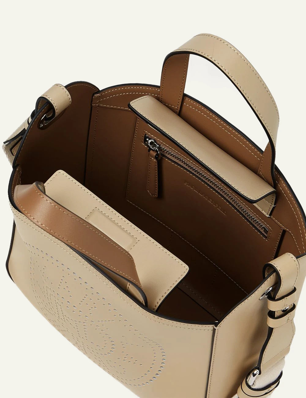 Karl Lagerfeld K Circle tote perforated bag safari beige leather top view