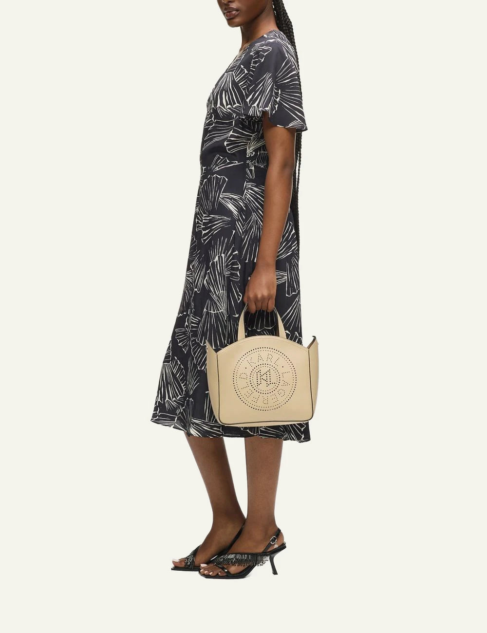 Karl Lagerfeld K Circle tote perforated bag safari beige leather front model view
