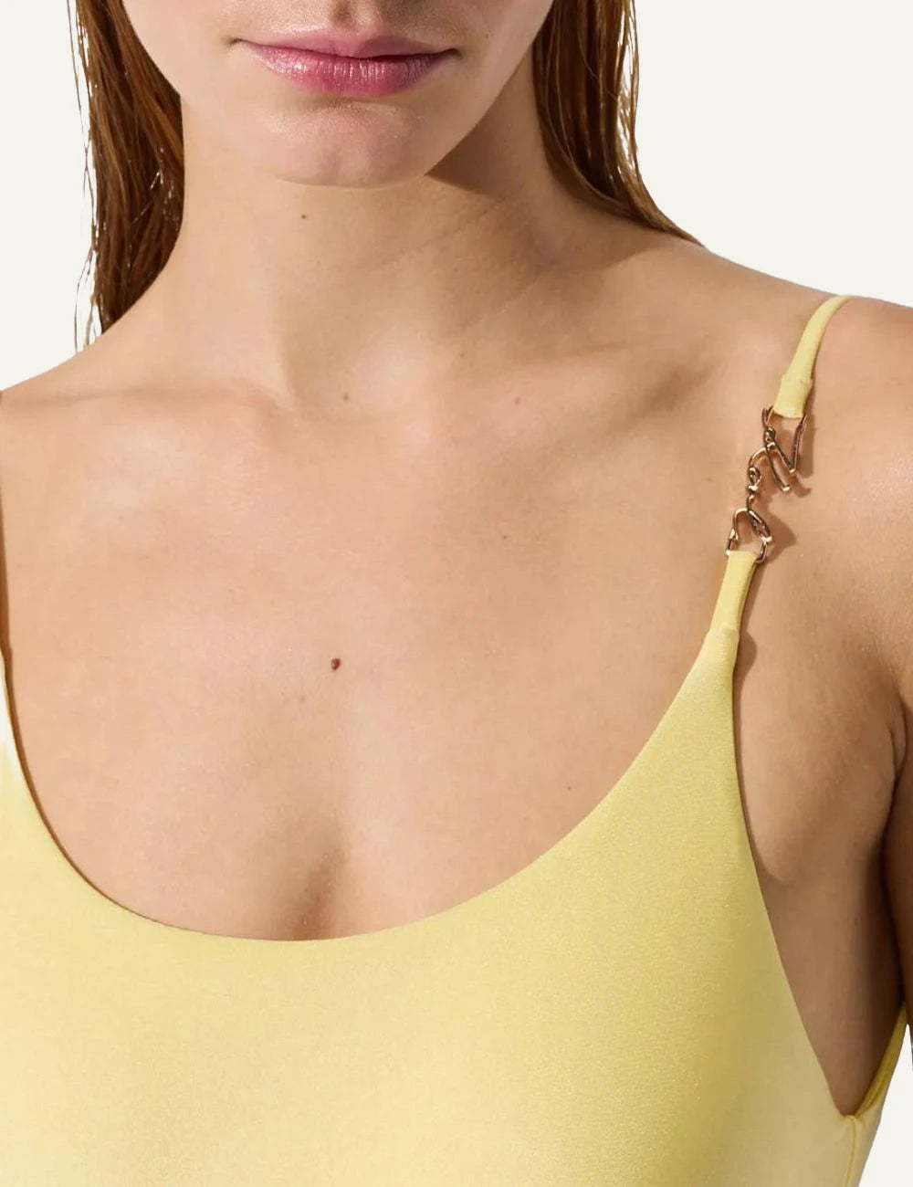 Karl Lagerfeld cheeky swimsuit yellow high leg scoop neck front detail