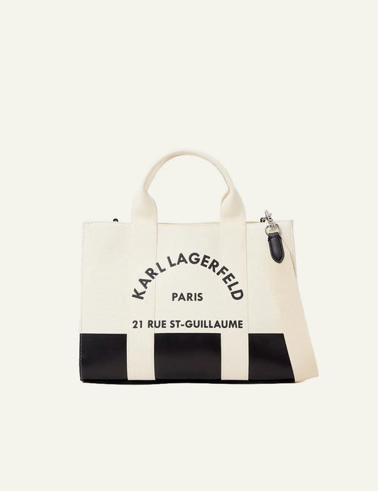 Karl Lagerfeld Rue St Guillaume mini tote white black canvas logo front