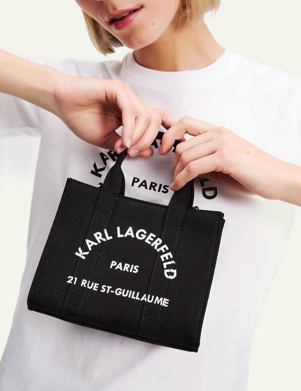 Karl Lagerfeld A3W50118999 square mini tote black Rue St Guillaume logo front model