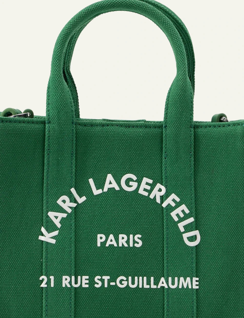 Karl Lagerfeld A3W50118 square mini tote plant green Rue St Guillaume logo front detail