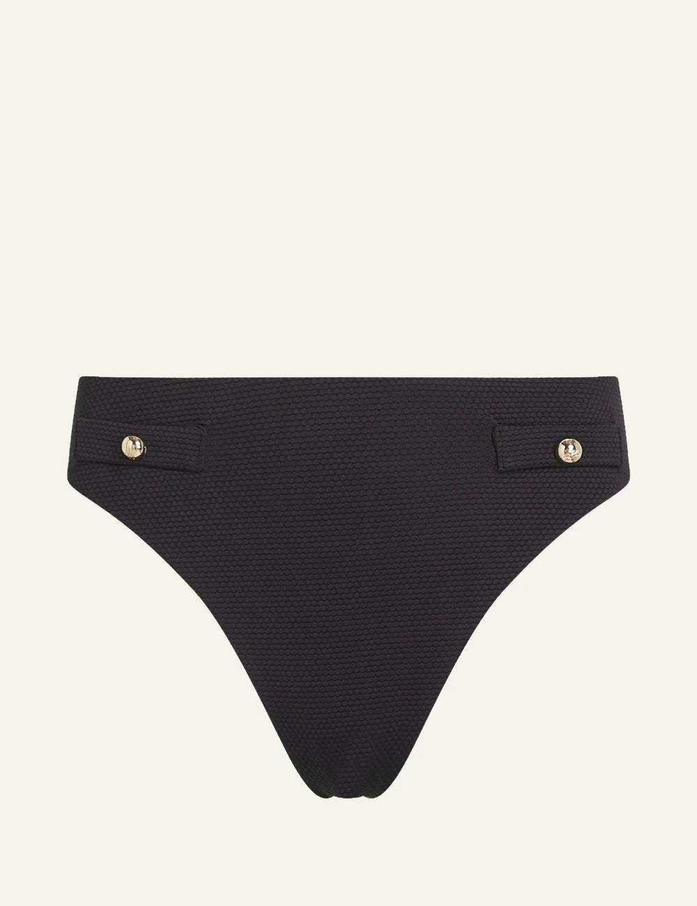 Karl Lagerfeld hotel karl hw cheeky bikini bottom black textured gold details front view