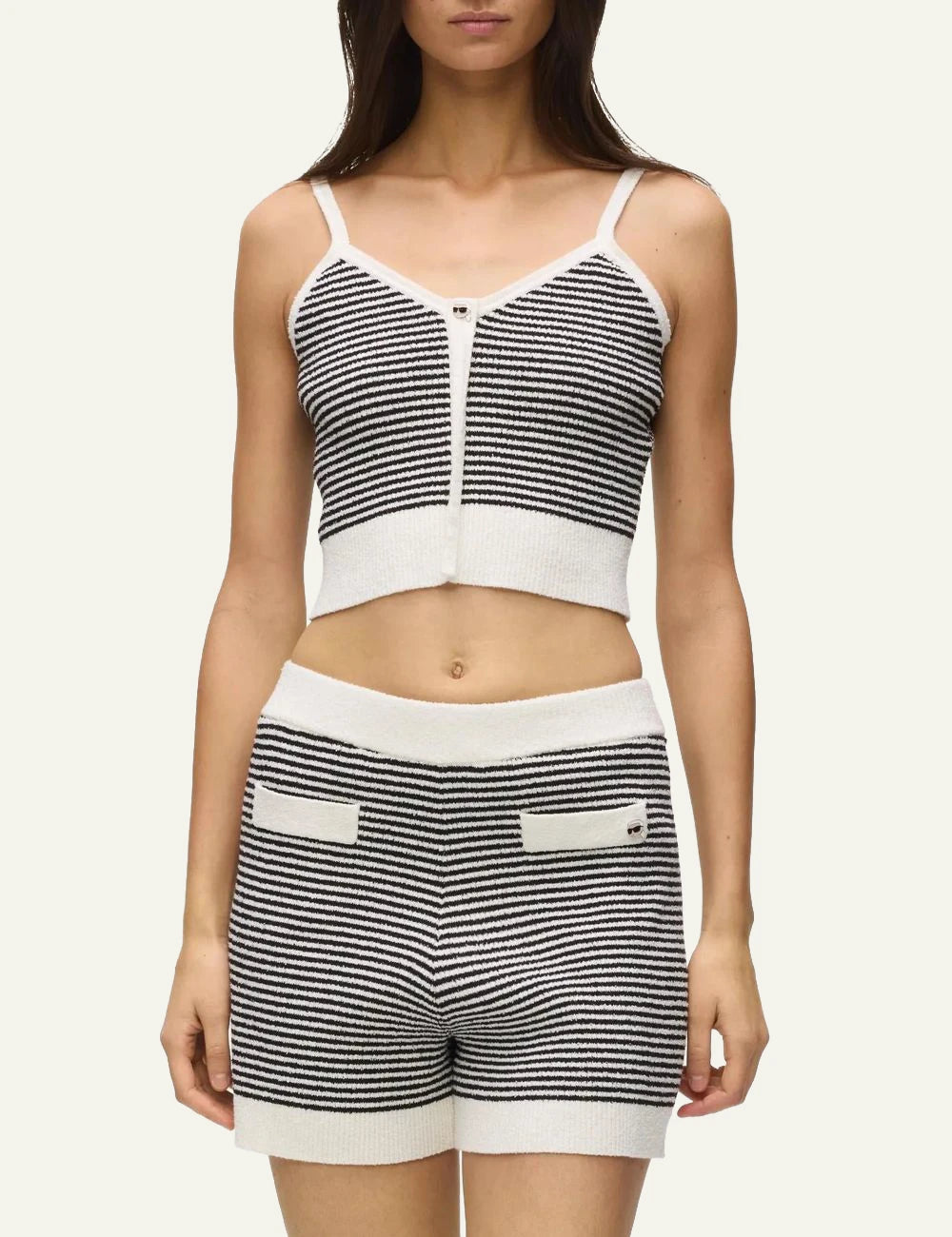 Karl Lagerfeld ikon striped knit shorts black white rib waistband front model