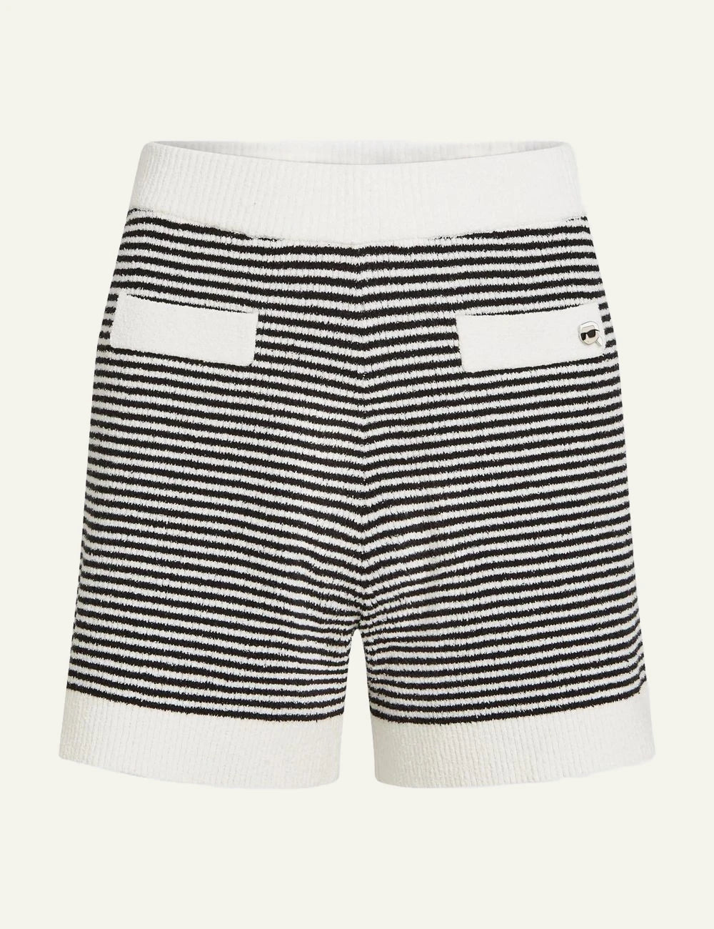 Karl Lagerfeld ikon striped knit shorts black white rib waistband front flat