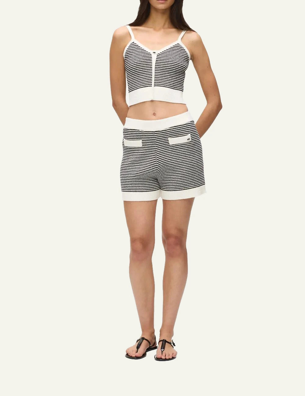 Karl Lagerfeld ikon striped knit shorts black white rib waistband front full body