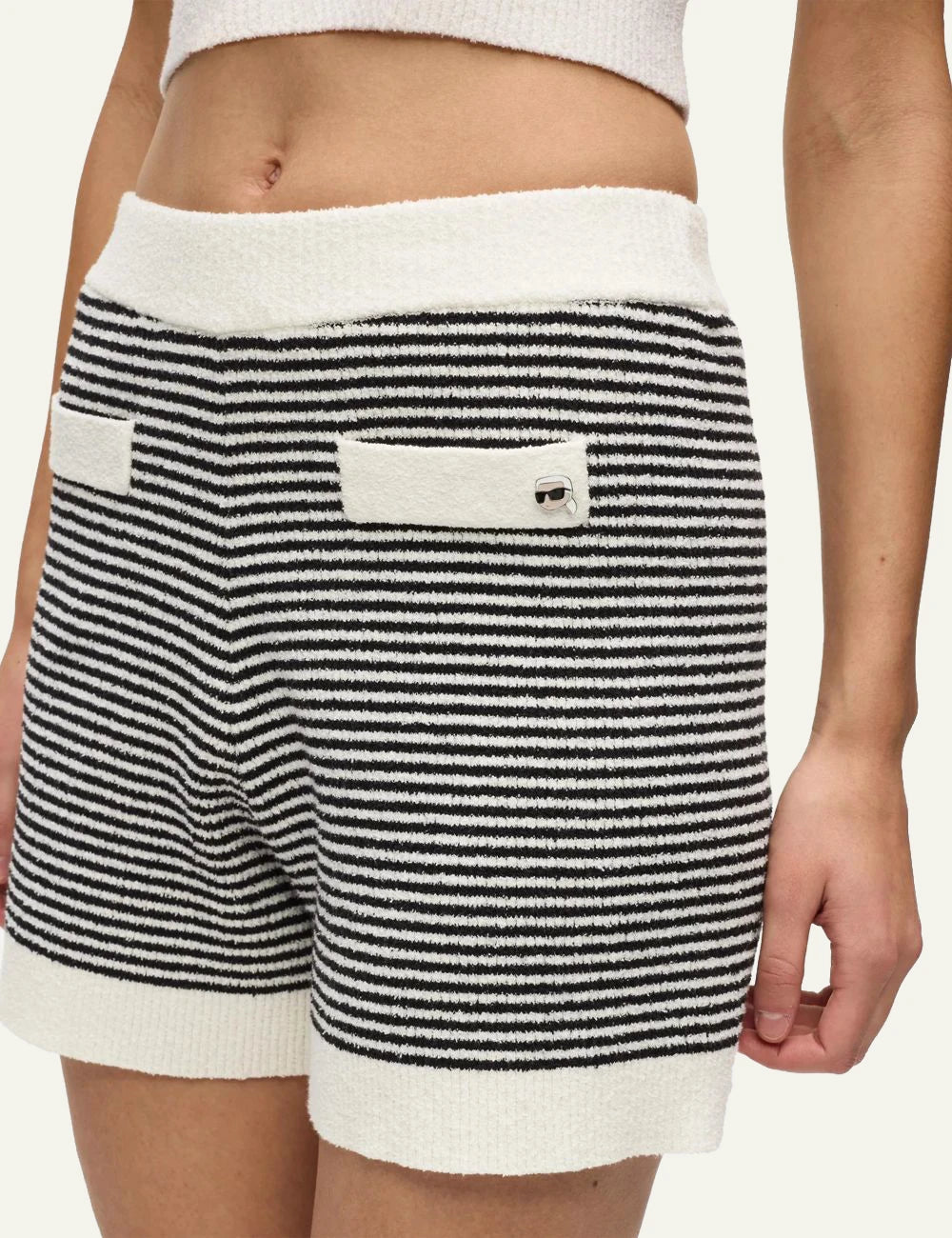 Karl Lagerfeld ikon striped knit shorts black white rib waistband front detail