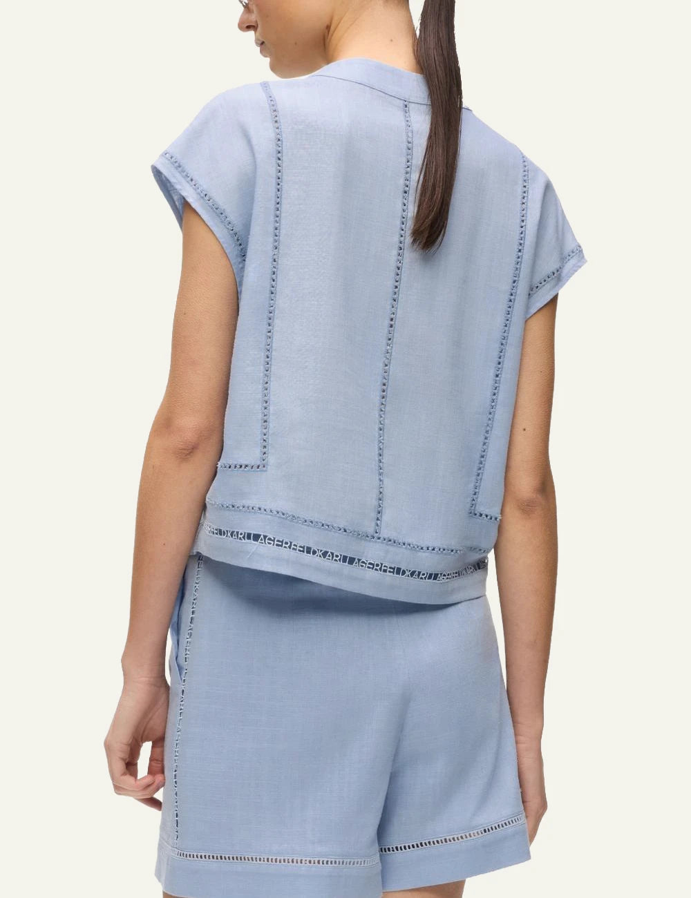 Karl Lagerfeld B2W110041KZ cropped blouse kentucky blue embroidery detail v neck back view