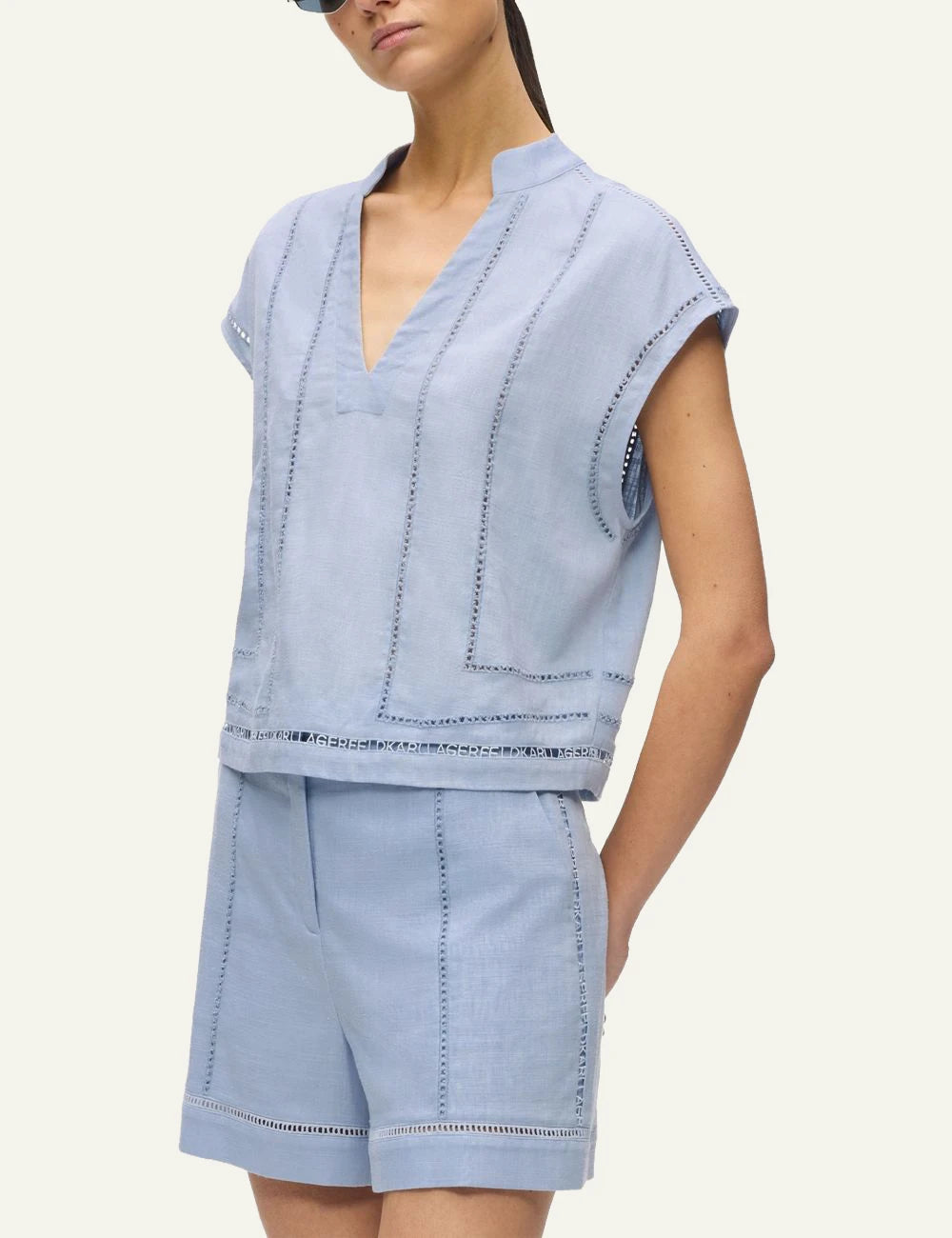 Karl Lagerfeld B2W110041KZ cropped blouse kentucky blue embroidery detail v neck side view