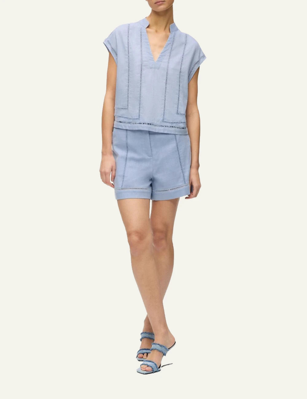 Karl Lagerfeld B2W110041KZ cropped blouse kentucky blue embroidery detail v neck front view