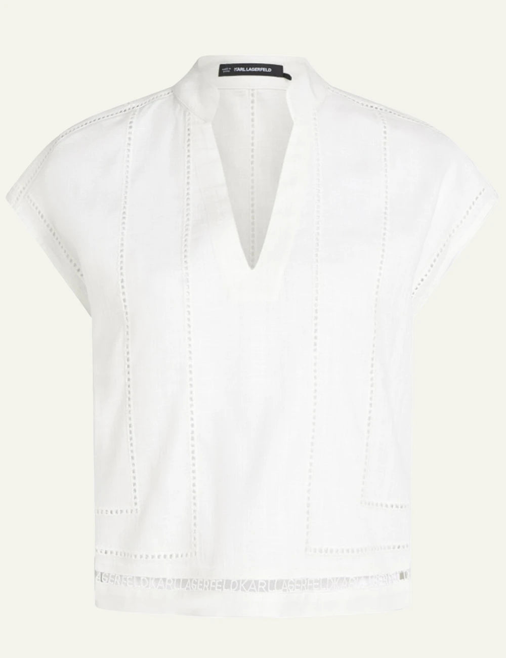 Karl Lagerfeld B2W11004 sleeveless linen blouse white embroidery detail v neck front view