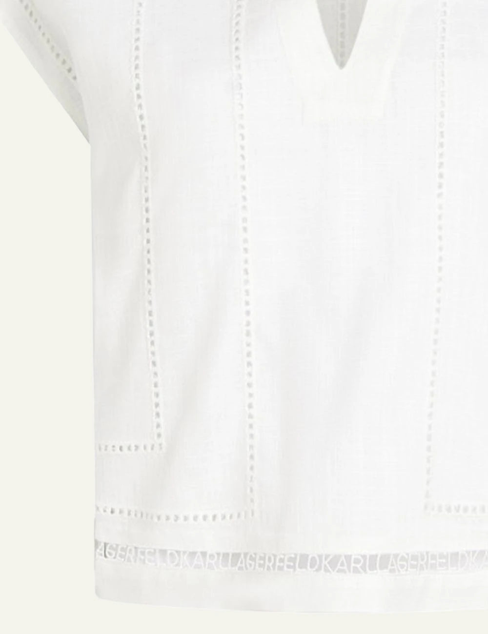Karl Lagerfeld B2W11004 sleeveless linen blouse white embroidery detail v neck front detail view