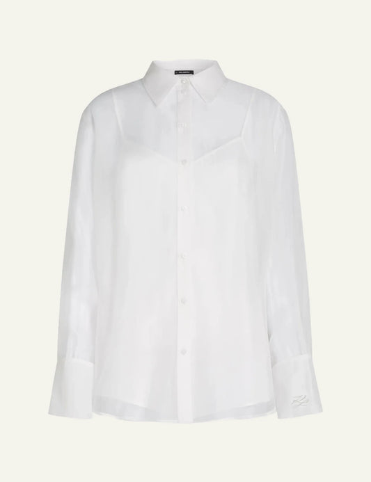 Karl Lagerfeld B2W11008100 organza blouse white sheer button front long sleeve front view