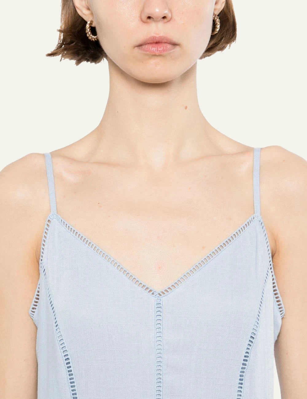 Karl Lagerfeld B2W13019 midi dress kentucky blue embroidery detail v neck front detail view