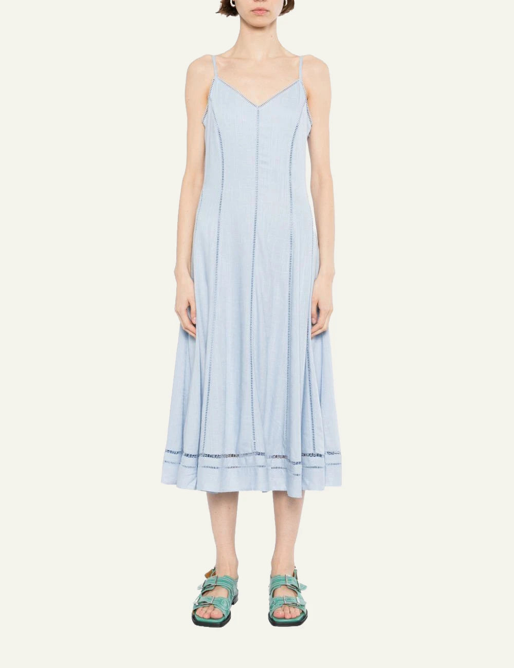 Karl Lagerfeld B2W13019 midi dress kentucky blue embroidery detail v neck front full body view