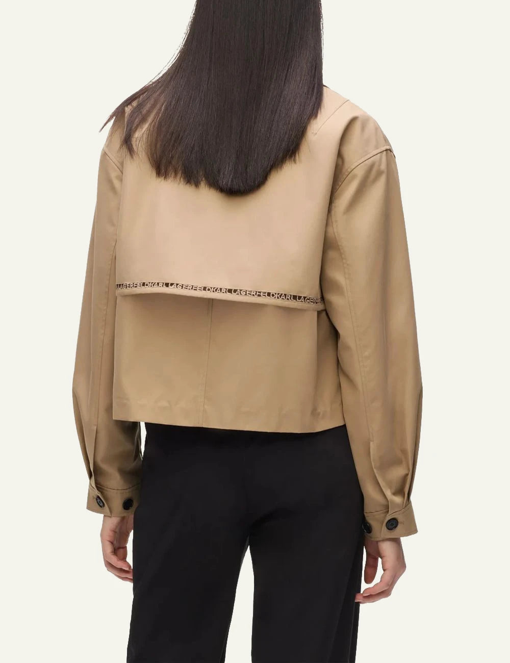 Karl Lagerfeld B2W150021LG short trench jacket nougat embroidery detail back view