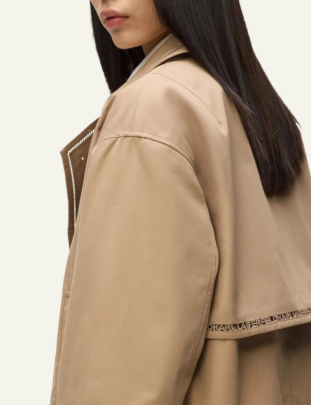 Karl Lagerfeld B2W150021LG short trench jacket nougat embroidery detail side view