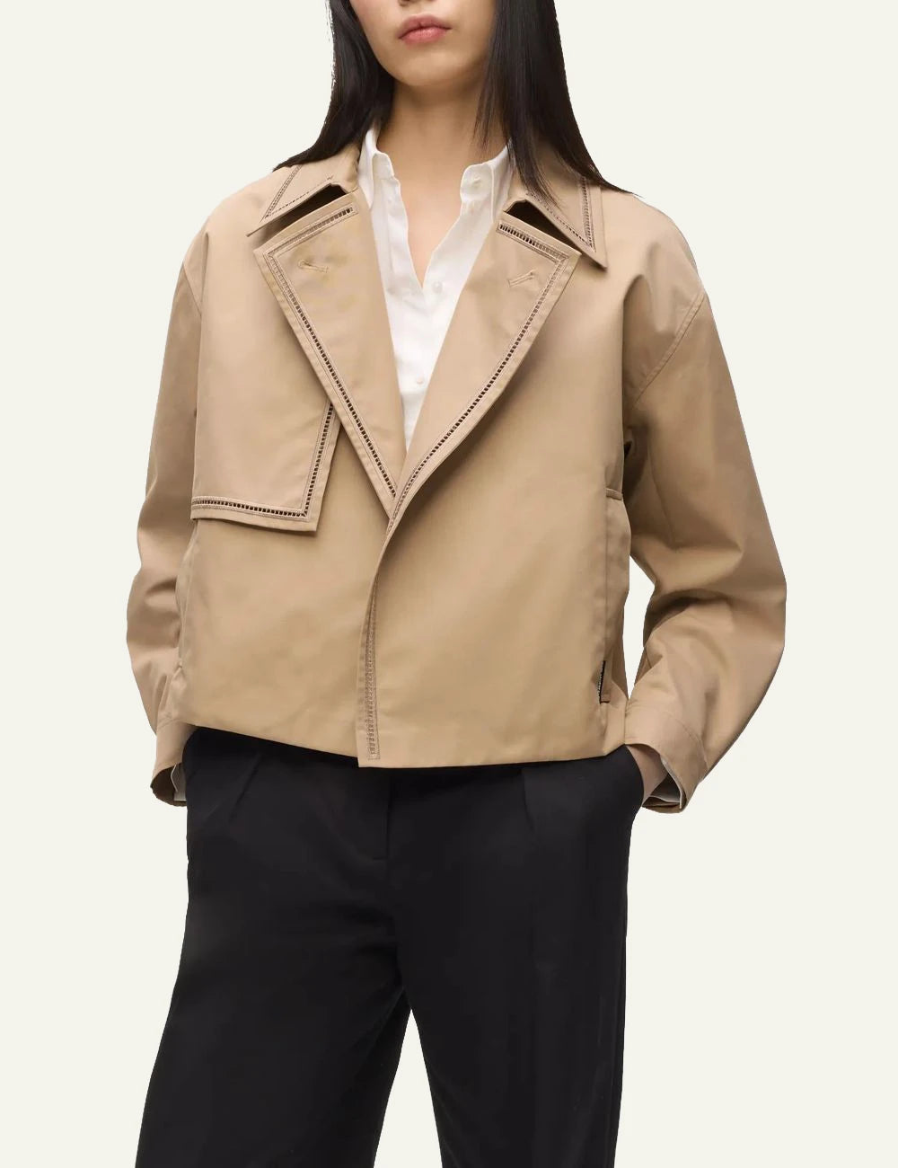 Karl Lagerfeld B2W150021LG short trench jacket nougat embroidery detail front model view