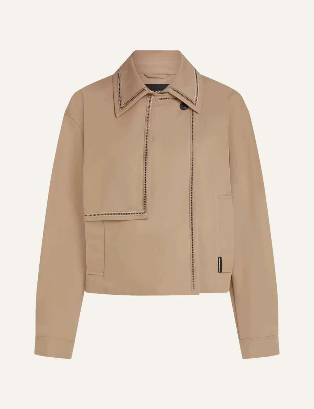 Karl Lagerfeld B2W150021LG short trench jacket nougat embroidery detail front view