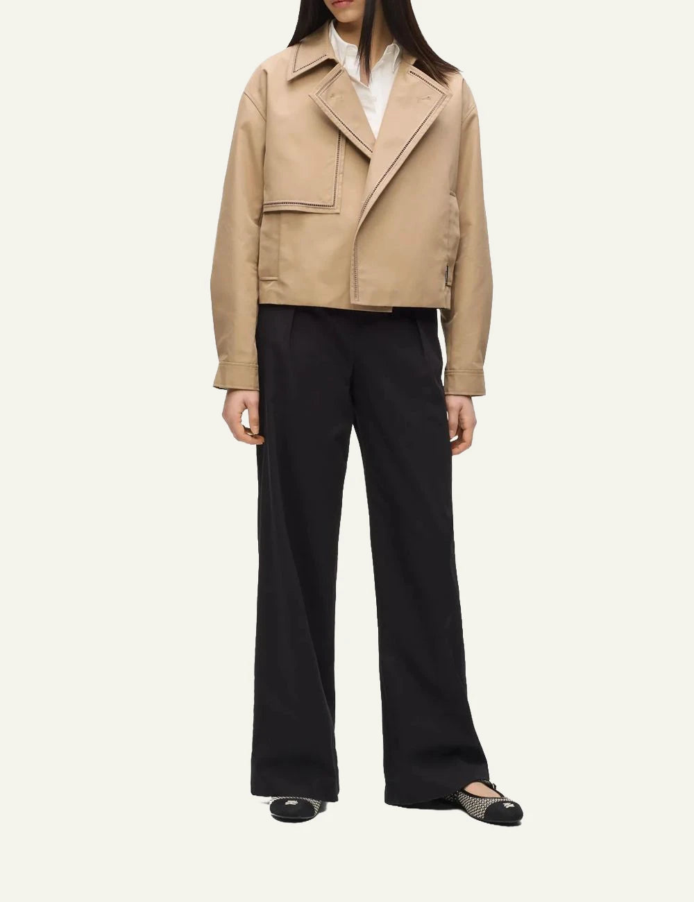Karl Lagerfeld B2W150021LG short trench jacket nougat embroidery detail front full body view