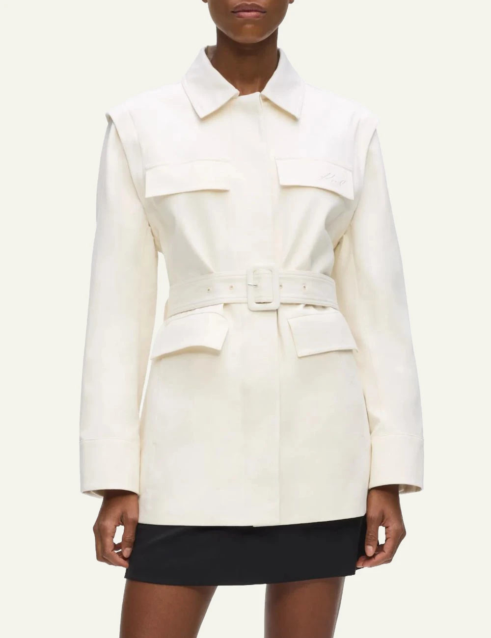 Karl Lagerfeld B2W15014461 transformer twill jacket pristine belt detail front detail view