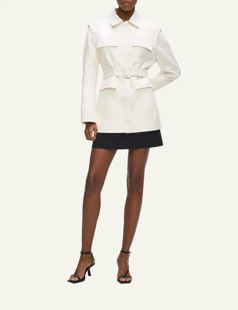 Karl Lagerfeld B2W15014461 transformer twill jacket pristine belt detail front model view