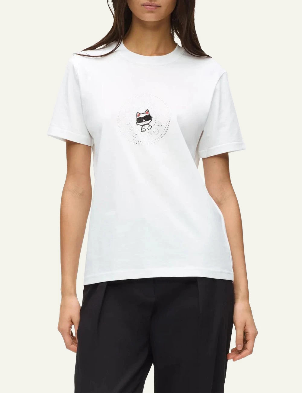 Karl Lagerfeld ikon rs circle t shirt white rhinestone logo front model