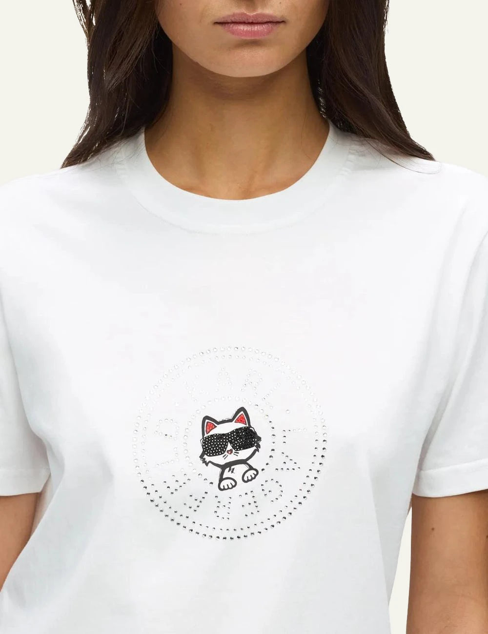 Karl Lagerfeld ikon rs circle t shirt white rhinestone logo detail front