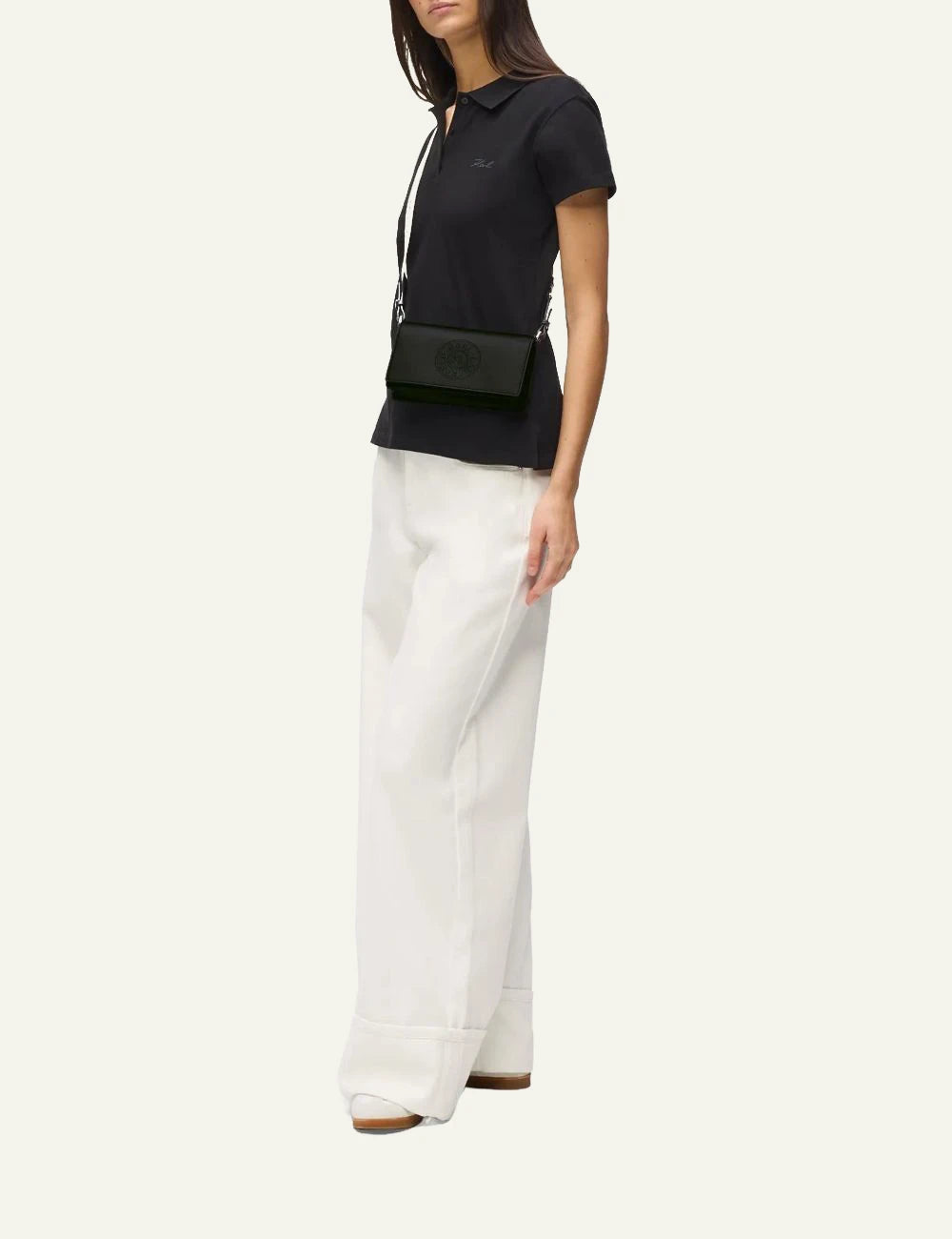 Karl Lagerfeld B2W30273 k circle mini flap crossbody black nickel front full body