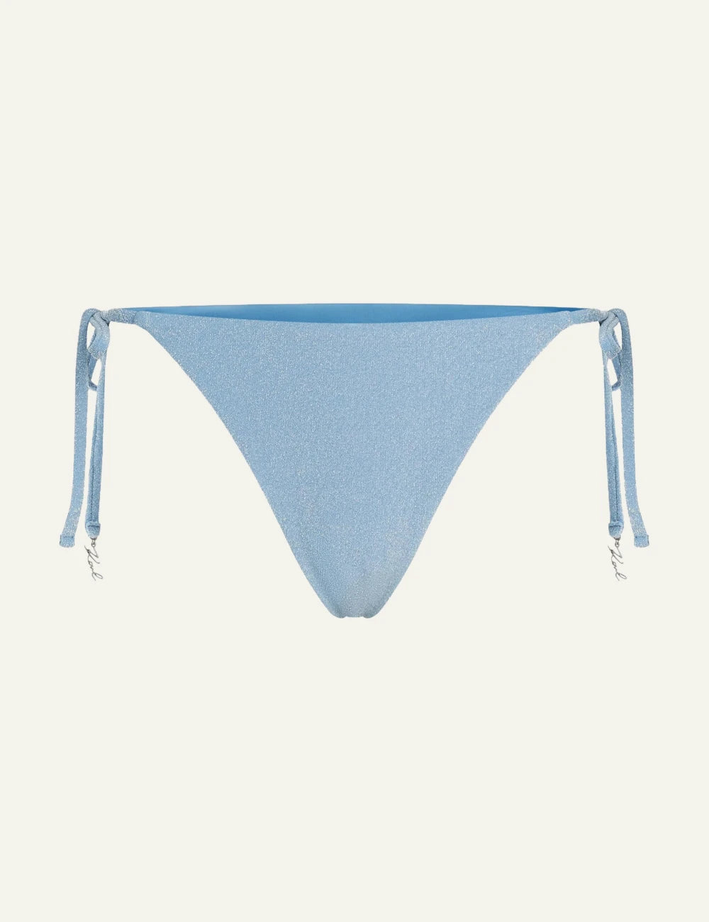 Karl Lagerfeld B2W46002349 lurex tanga bikini bottom silver lake blue metallic tie side front view