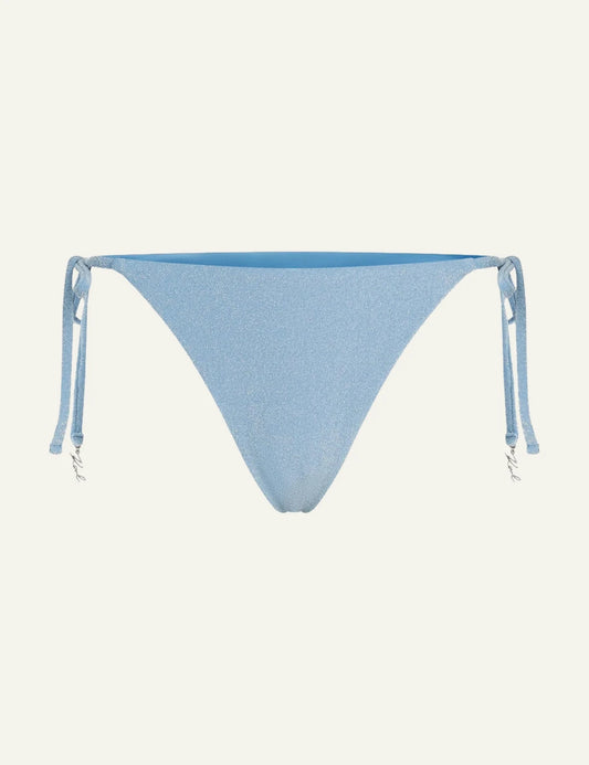 Karl Lagerfeld B2W46002349 lurex tanga bikini bottom silver lake blue metallic tie side front view