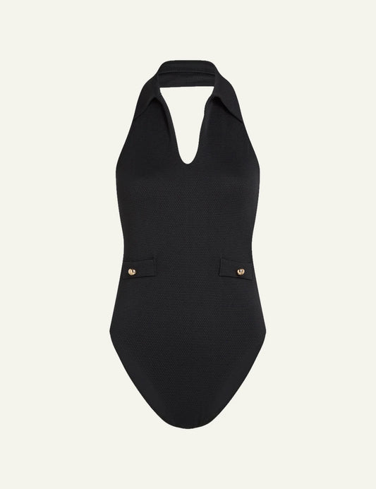 Karl Lagerfeld B2W46007999 swimsuit black halterneck collar detail gold buttons front view