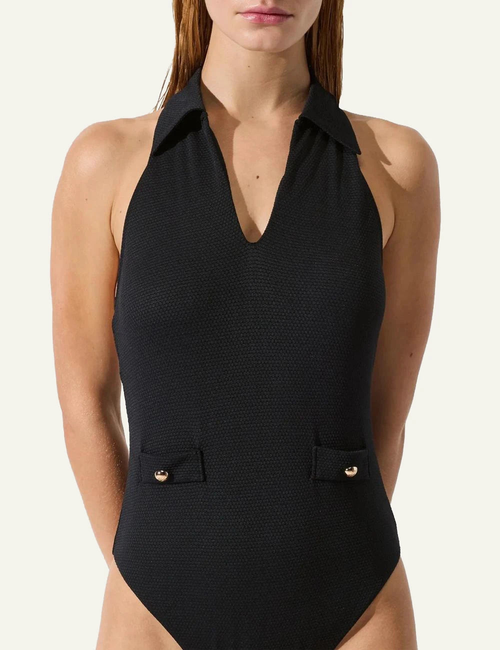Karl Lagerfeld B2W46007999 swimsuit black halterneck collar detail gold buttons front detail view