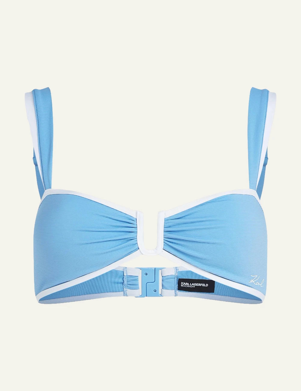 Karl Lagerfeld B2W46022349 bandeau bikini top silver lake blue white trim U wire front view