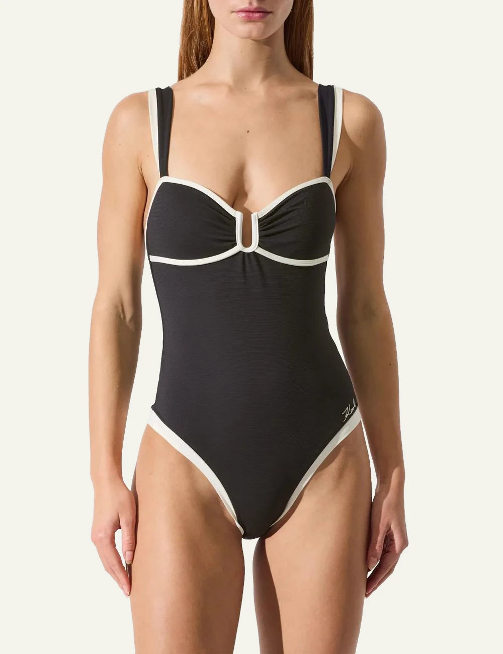 Karl Lagerfeld swimsuit one piece black white trim front model view