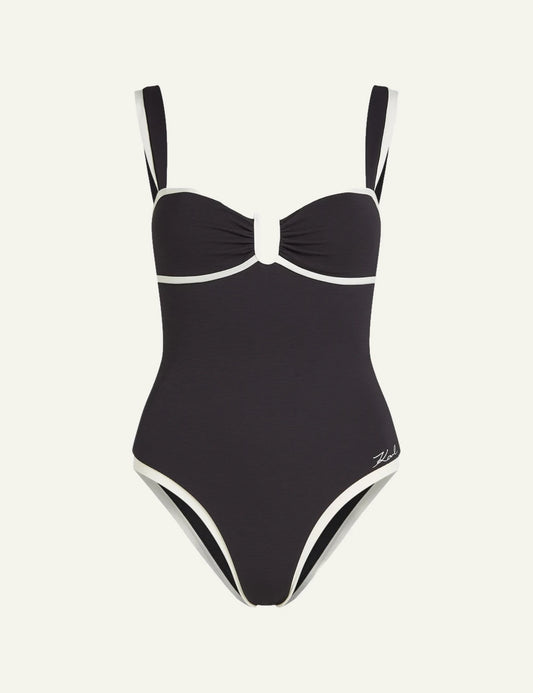 Karl Lagerfeld swimsuit one piece black white trim front view