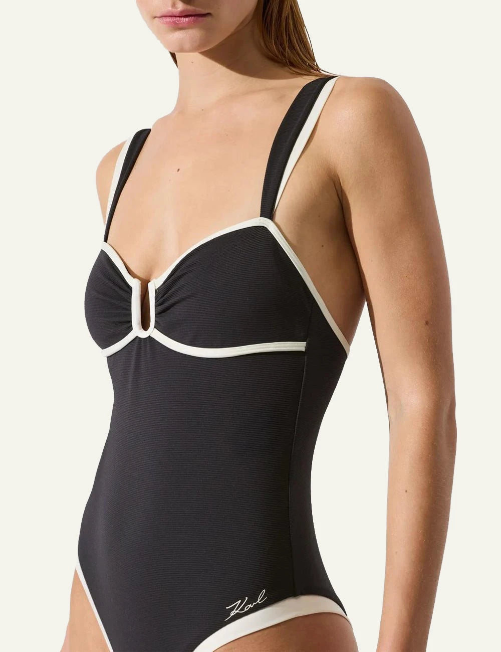 Karl Lagerfeld swimsuit one piece black white trim side view