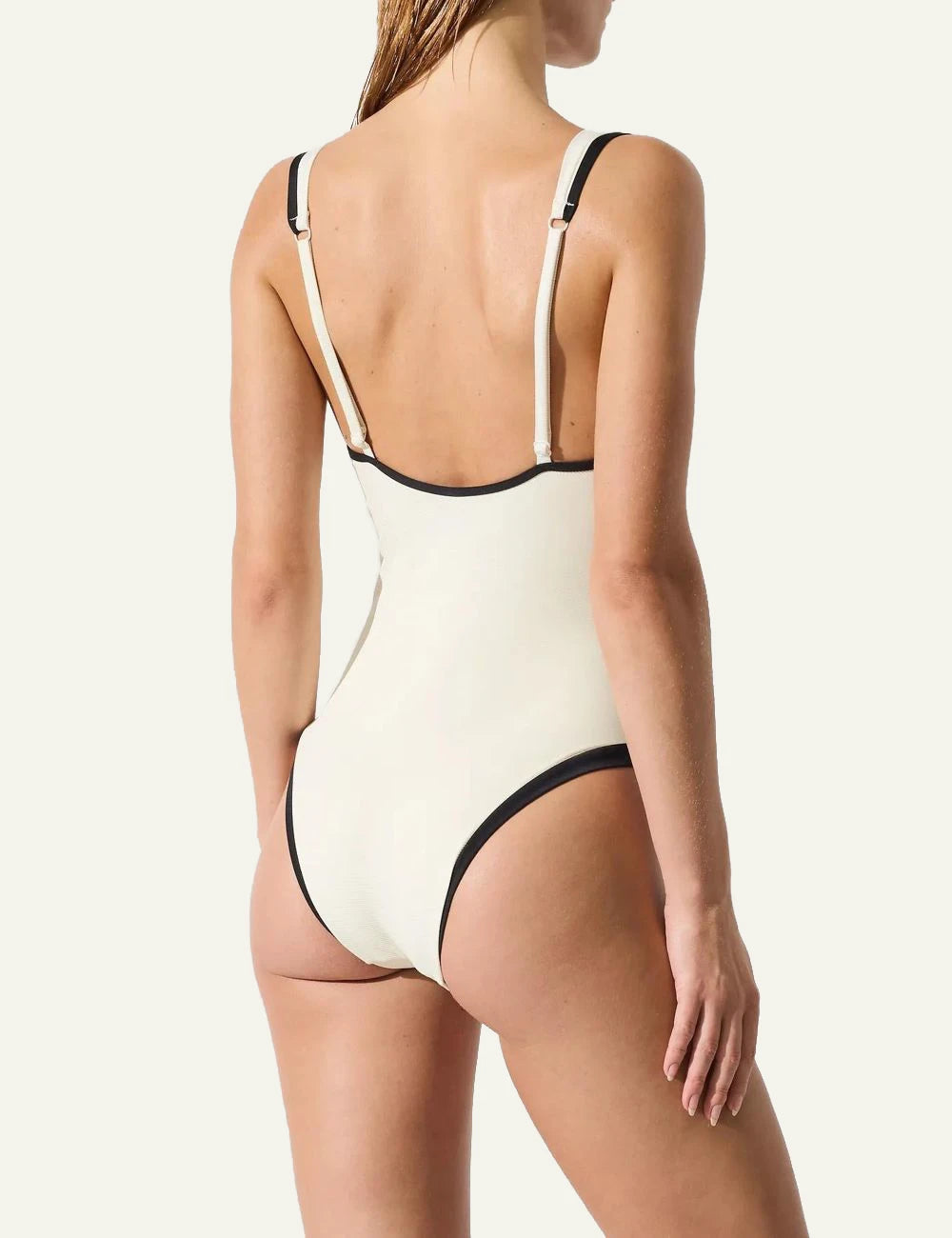 Karl Lagerfeld signature cheeky swimsuit cream black piping high cut back