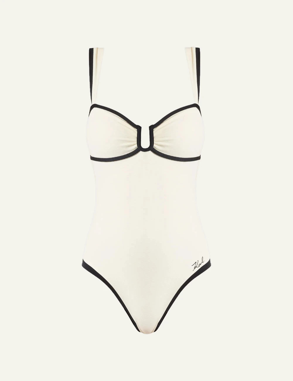 Karl Lagerfeld signature cheeky swimsuit cream black piping high cut front