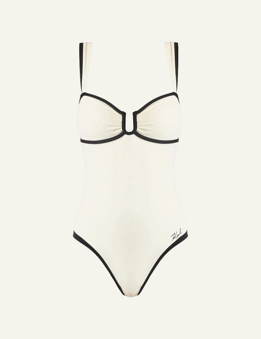 Karl Lagerfeld signature cheeky swimsuit cream black piping high cut front