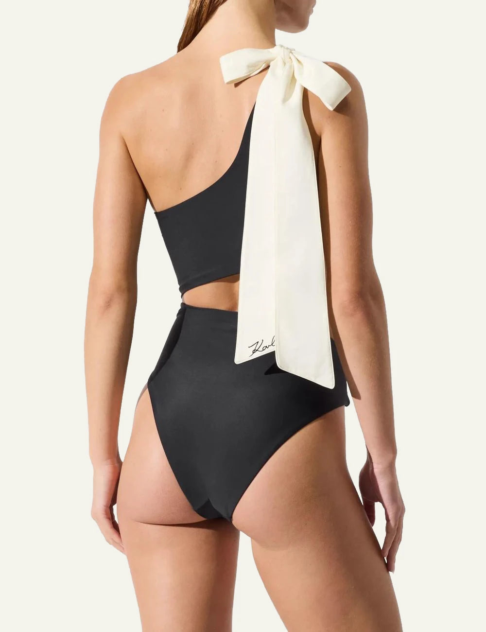Karl Lagerfeld B2W46029999 one shoulder swimsuit black cut out bow detail back view