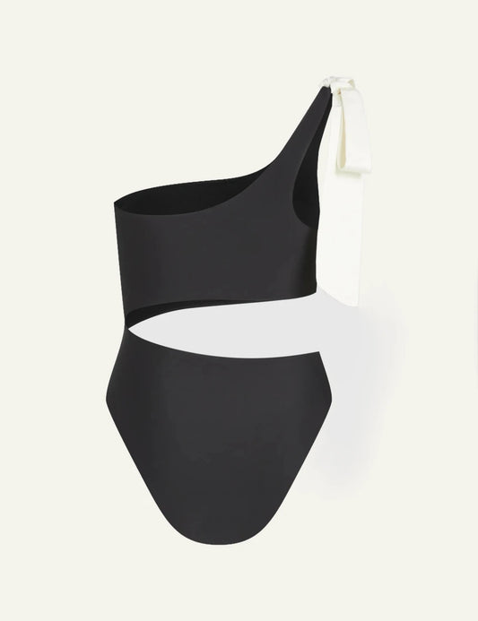 Karl Lagerfeld B2W46029999 one shoulder swimsuit black cut out bow detail front view