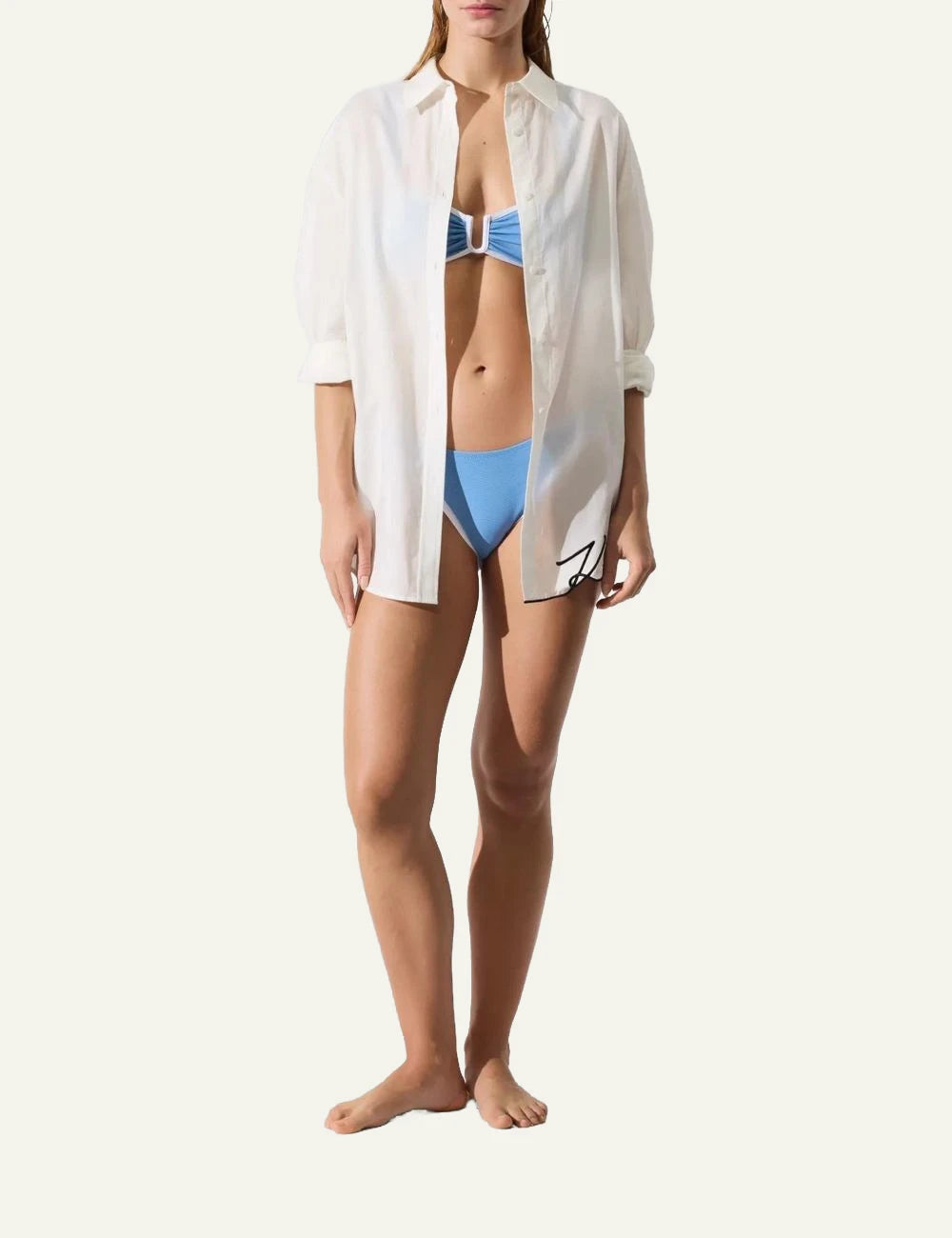 Karl Lagerfeld B2W46034B09 oversized beach shirt cannoli cream button front signature hem front full body view