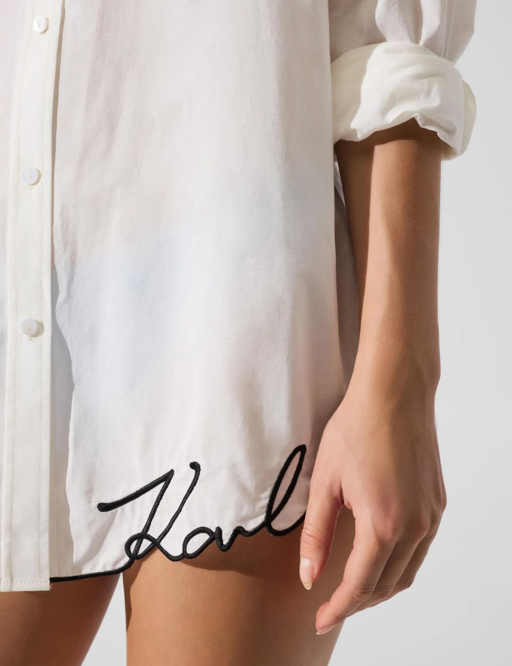 Karl Lagerfeld B2W46034B09 oversized beach shirt cannoli cream button front signature hem front detail view